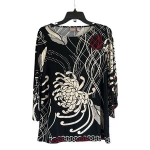 Chico's Patterned Black and Cream Size Small Short Sleeve Blouse
